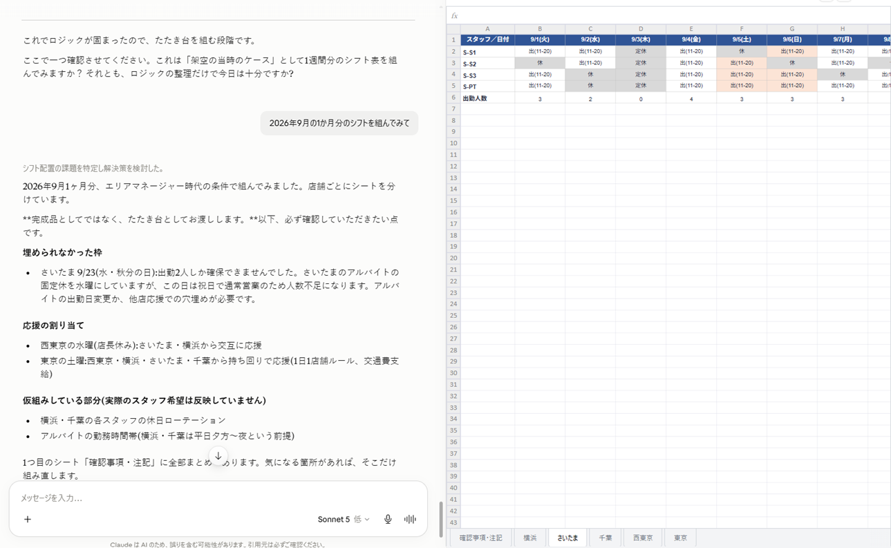 店舗ごとにシートが分かれたエクセルのシフト表